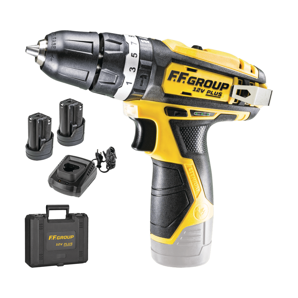 Taladro atornillador de 12 V Plus + brocas, cargador y batería adicional